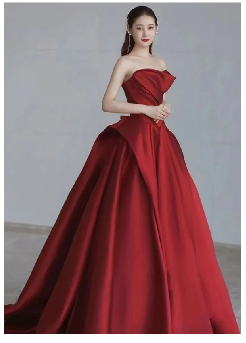 party dresses women evening satin strapless host evening dress female banquet temperament bride toast wine red black prom dress