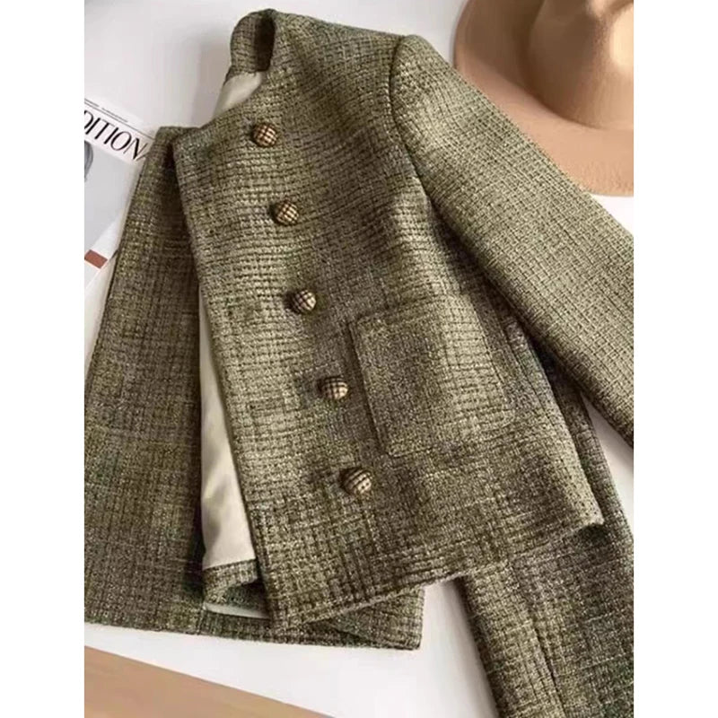 HELIAR Office Lady Elegant Tweed Jackets Korean Fashion Simple Coat Women Casual O Neck Pockets All Match Autumn Winter Outwear