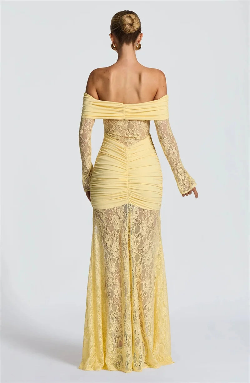 Mozision Off-shoulder Long Sleeve Sexy Maxi Dress Women Fashion Lace See Through Strapless Backless Bodycon Club Party Dresses