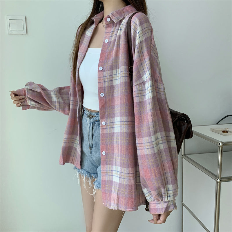 Women Tartan Shirt Long Sleeve Collared Button Up Oversized Plaid Shirt Jacket Grunge Fashion Teenage Girl Spring Summer Outfit
