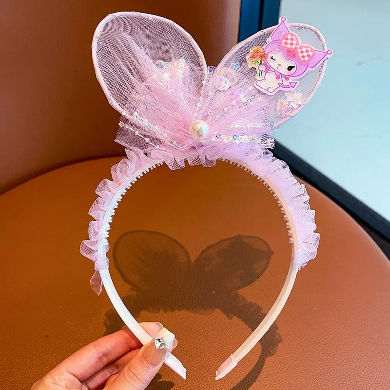 Kawaii Sanrio Kuromi Children Headband Hello Kitty Melody Cinnamoroll Cartoon Bow Shiny Hairband Hair Accessories Christmas Gift