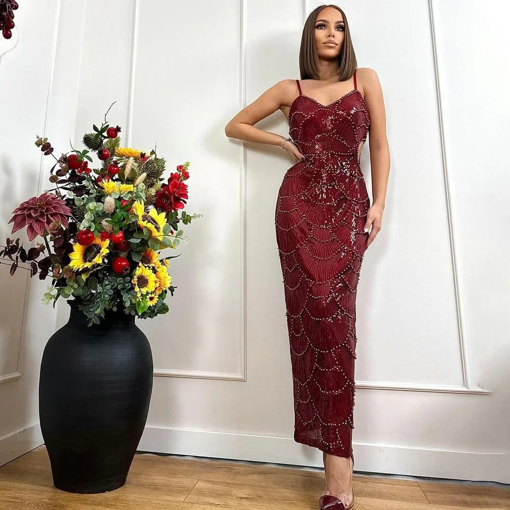 HLJ Sexy Sequin Hollow Bodycon Spaghetti Strap Evening Party Dresses Women Round Neck Sleeveless Slim Vestidos Fashion Clothing