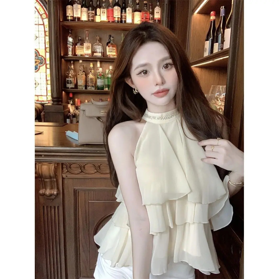 Hanging Neck Cake Blouse Women Tierred Irregular Ruffle Voile Shirt Elegant Chiffon Sexy Top Female Sweet Thin Summer Clothes