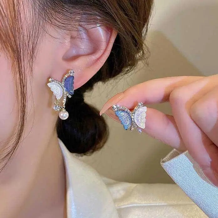 925 Silver Needle Blue Purple Butterfly Long Tassel Earrings For Women Jewelry 2025 Trending New Korean Crystal Drop Earrings