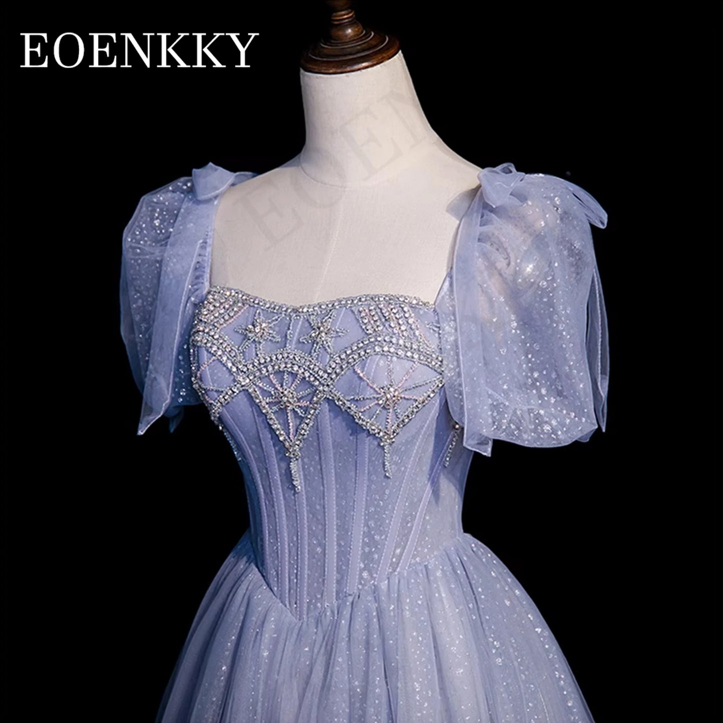 Princess Luxury Crystal Prom Dress Blue Glitter Puff Sleeves A Line Banquet Party Dresses Women vestidos para eventos especiales