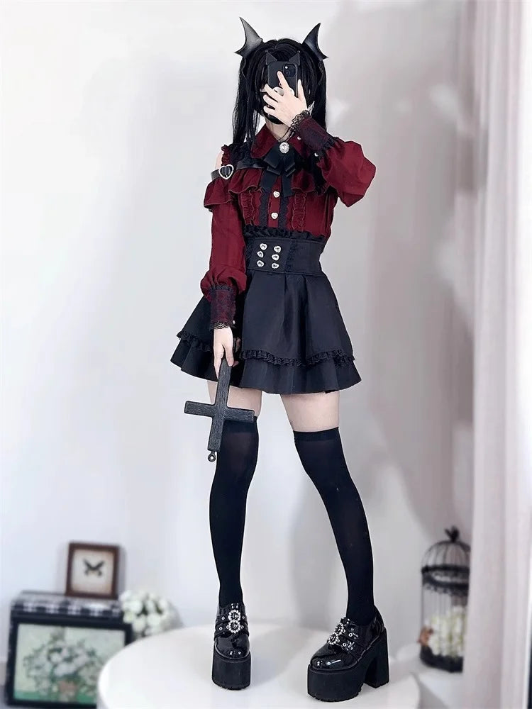Kawaii Off Shoulder Long Sleeve Shirts Women Black Short Skirt Set Y2K Gothic Ruffle Skirts Lace Lolita Shirt Gown Suit 