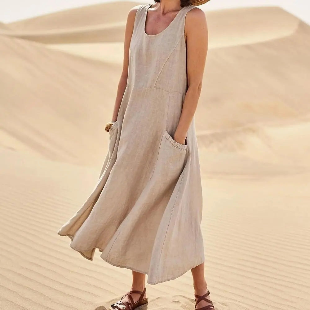 Chic Women Coton Linen Sundress Summer Female Sleeveless Double Big Pocket Loose Sand Beachwear Long Dress Oversized Vestidos