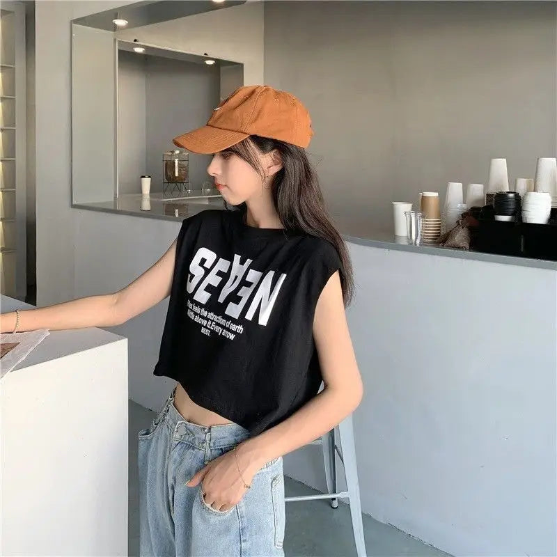 Women Clothing Summer Fashion Casual Letter Solid Color O-neck Female Simplicity Trend Appear Thin Sleeveless Tank Top Cardigan