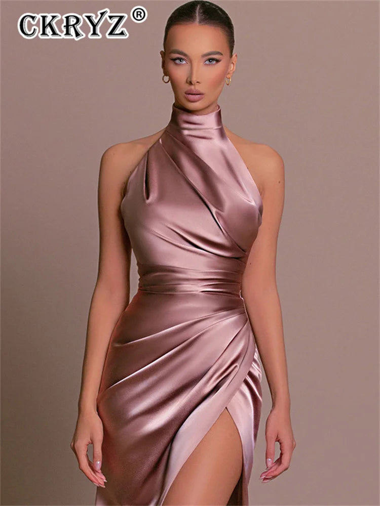 Ladies Summer Satin Evening Birthday Party Dresses Women Sleeveless Backless Halter Side Slit Elegant Long Dress Mowan Clothes
