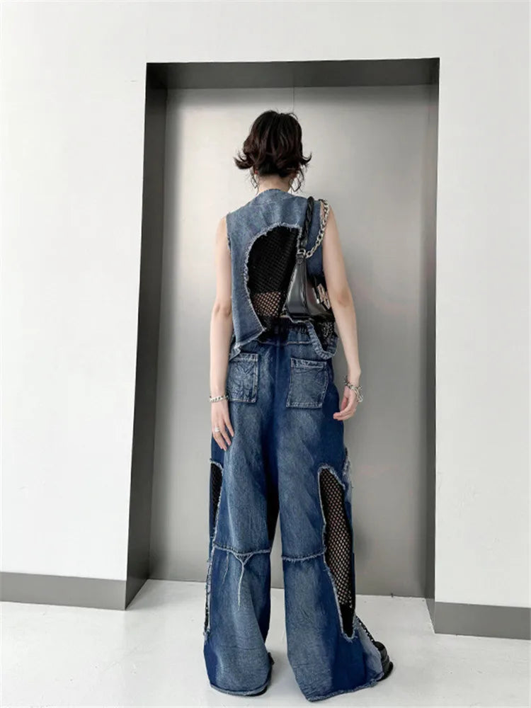 Grid Stitching V-Neck Denim Vest Women's Summer Fried Street Fashion Brand Loose Burrs Short Sleeveless Vests Jackets Female