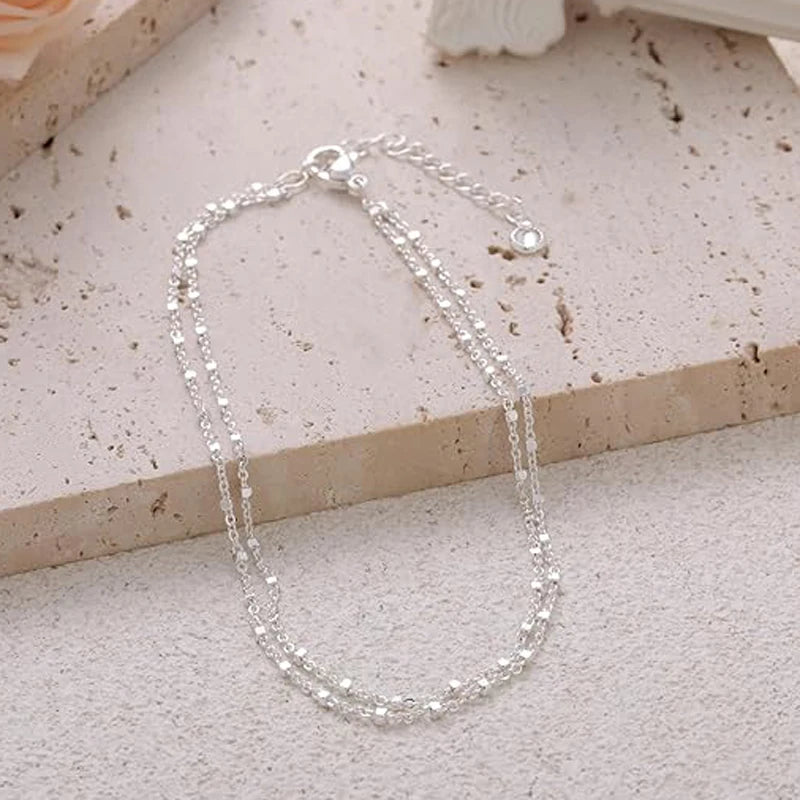 Waterproof Ankle Bracelets for Women,14K Gold Silver Plated Layered Beads Anklets Bracelets for Women Girls Summer Jewelry Gifts