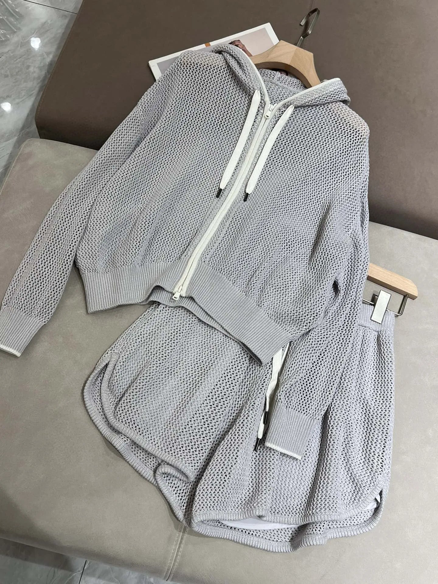 Summer casual linen knitted set with long sleeved cardigan and shorts