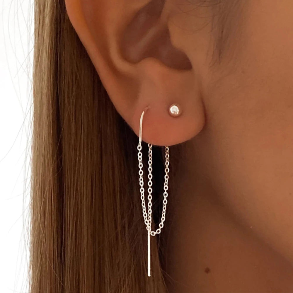 Aide 925 Sterling Silver 1pc Geometry Multi Piercing Stud Earrings For Women K Gold Simple Elegant Tassel Jewelry Gift Pendiente