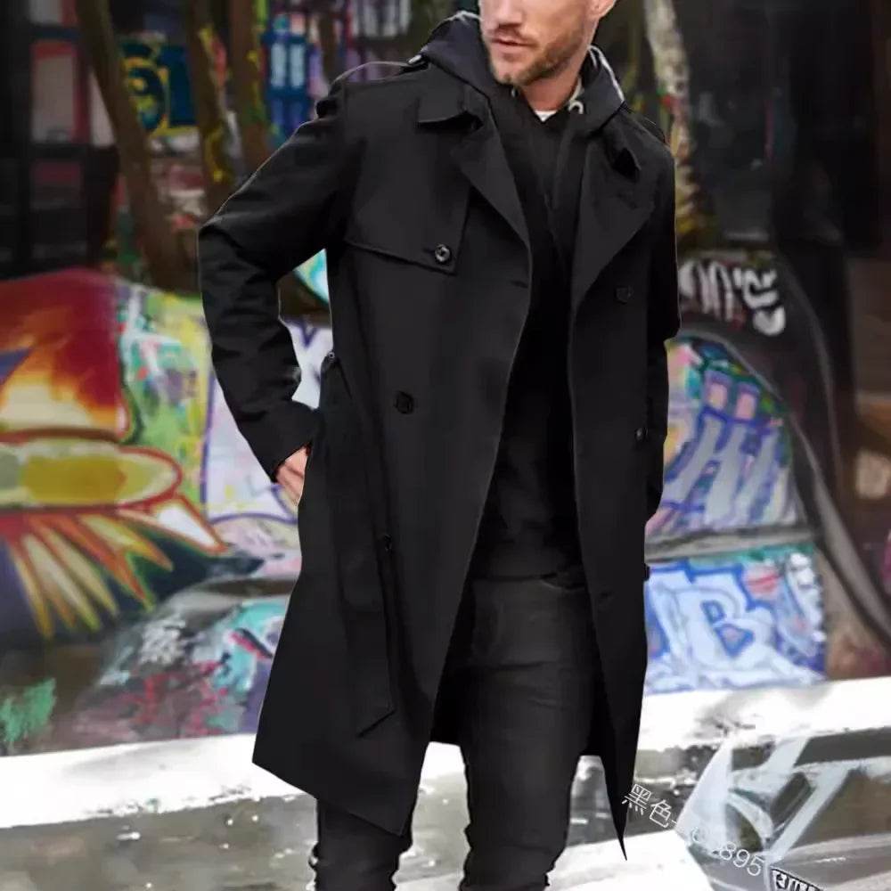 European and American Men's Lapel Slim Fit Double-Breasted Casual Coat Spring and Autumn Solid Color Long Sleeve Windbreaker