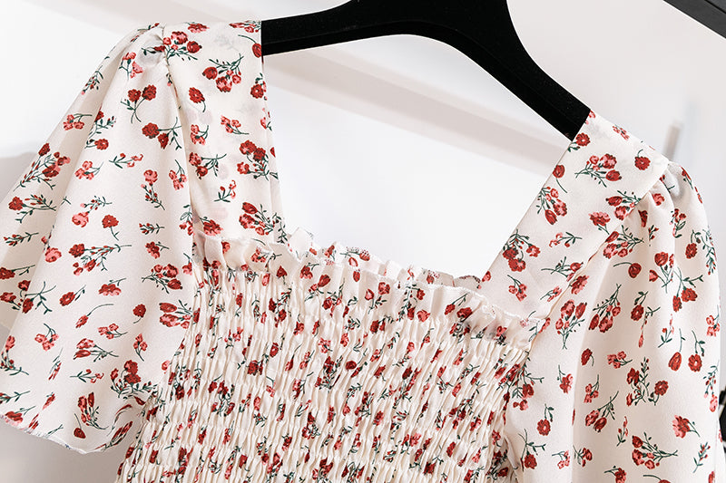 Summer Autumn Fashion Female Short Sleeve Elastic Waist Printed Floral A-line Midi Dress Women Chiffon Dresses Casual Dress
