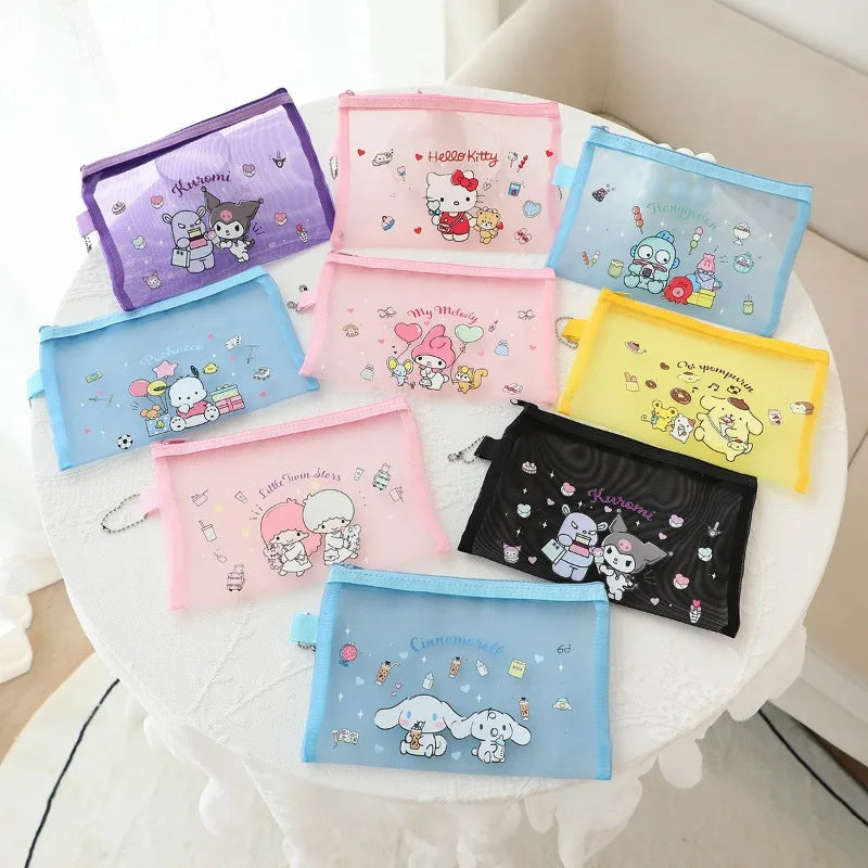 Kawaii Hello Kitty Stationery Bag Cute Cartoon Mesh Storage Bag Transparent Desktop Decoration Student Supplies Gift Wholesale