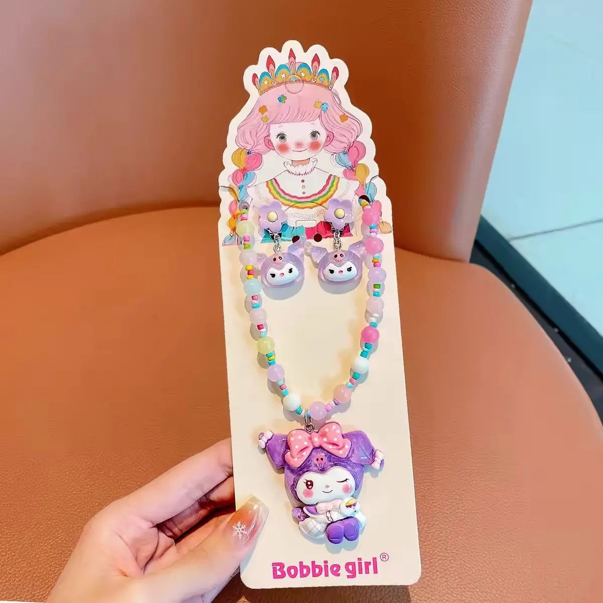 Kawaii Sanrio Beaded Necklace Girls Jewelry Ear Clip Set Kuromi Cinnamoroll Pierced Baby Princess Jewelry Melody Gifts