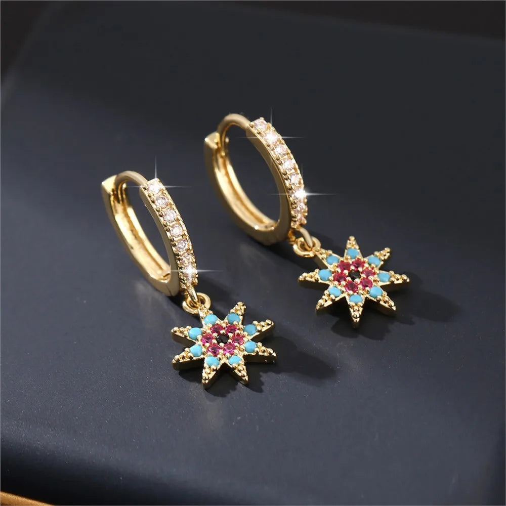 Light Luxury Copper Inlaid zircon Octagonal Star Pendant Hoop Earrings for Women Eleagnt Dangle Earring Party Jewelrys Gifts