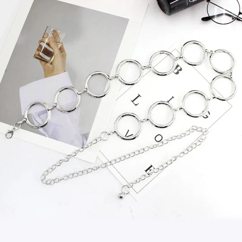 Simple Alloy Large Round Ring Waist Belt Fringes Ring Waist Chain Women Circle Metal Chain Belt Geometric Long Hollow Waistband