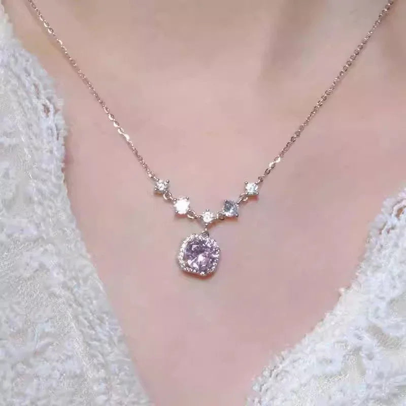 Luxurious Square Pink Zircon Pendant Necklace For Women Fashionable Personalized Daily Accessory Party Jewelry Birthday Gifts