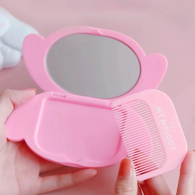 Sanrio Hello Kitty Foldable Makeup Mirror Anime Kuromi My Melody Cute Cinnamoroll Portable Mini Mirror Comb Set Toys Girls Gifts