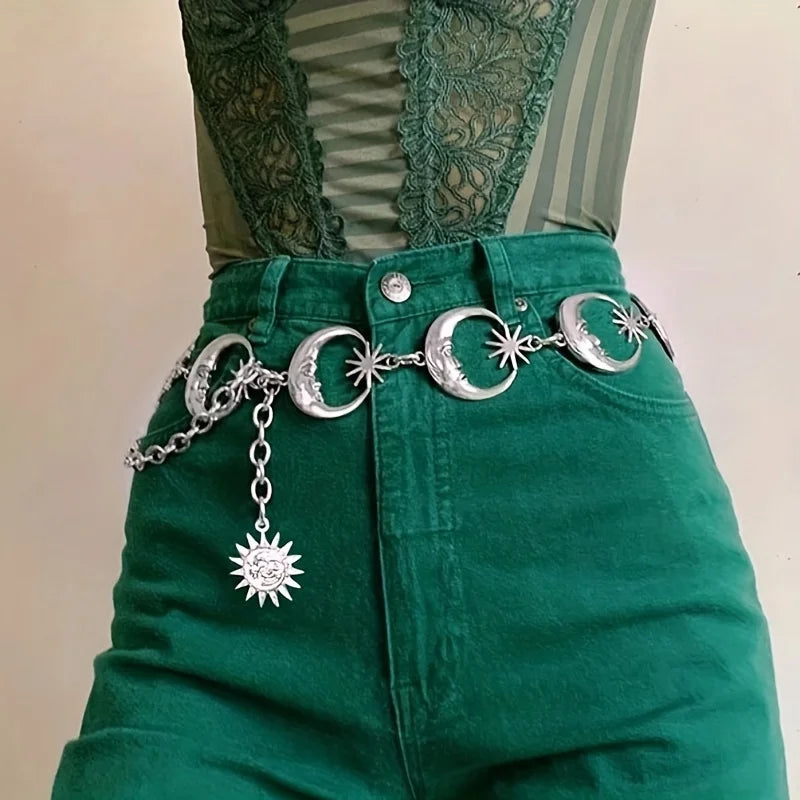 Boho Moon Sun Hollow Waist Chain Y2K Trend Tassel Dress Chain Women Adjustable Body Belts Belly Jewelry