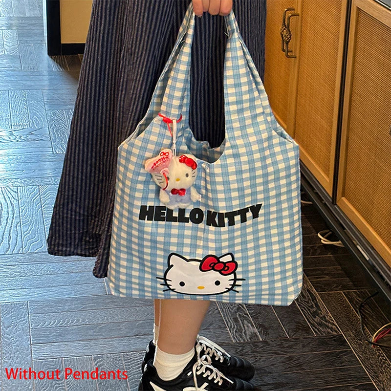 Cartoon Sanrio Hello Kitty Plaid Handbag Commuting Light Portable Summer Storage Shoulder Handbag High Capacity