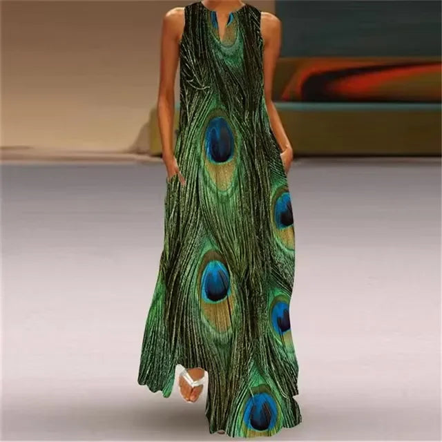 Spring Summer Long Dress Womens Long Casual Party Dresses Women Clothing Casual A-Line Printing V-Neck Pockets Maxi Dress Autumn