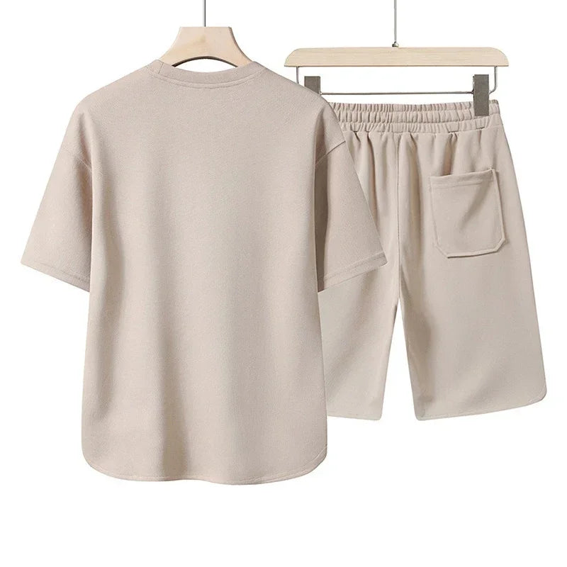 Men's new summer fashion sports suit casual fashion fitness jogging wear round neck T-shirt + breathable disconnect 2-piece set