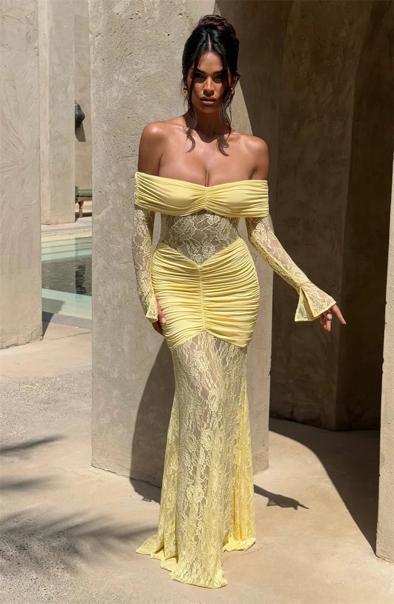 Mozision Off-shoulder Long Sleeve Sexy Maxi Dress Women Fashion Lace See Through Strapless Backless Bodycon Club Party Dresses