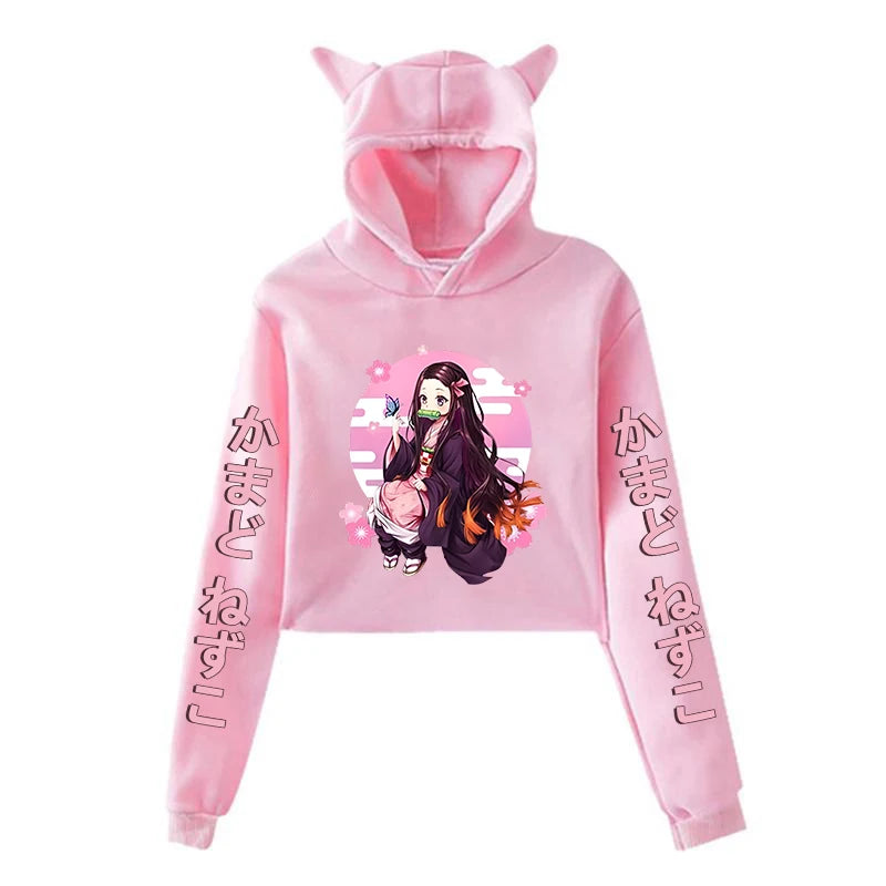 New Anime Kamado Nezuko Printing Cat Ear Hoodies Women Girls Fashion Streetwear Hoodies Sweatshirts Crop Top Pullover