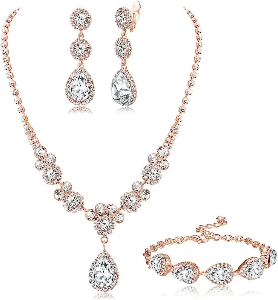 Florideco Rhinestone Bridal Jewelry Set Necklace Bracelet Earrings for Brides Bridesmaid Teardrop Pendants for Wedding Prom