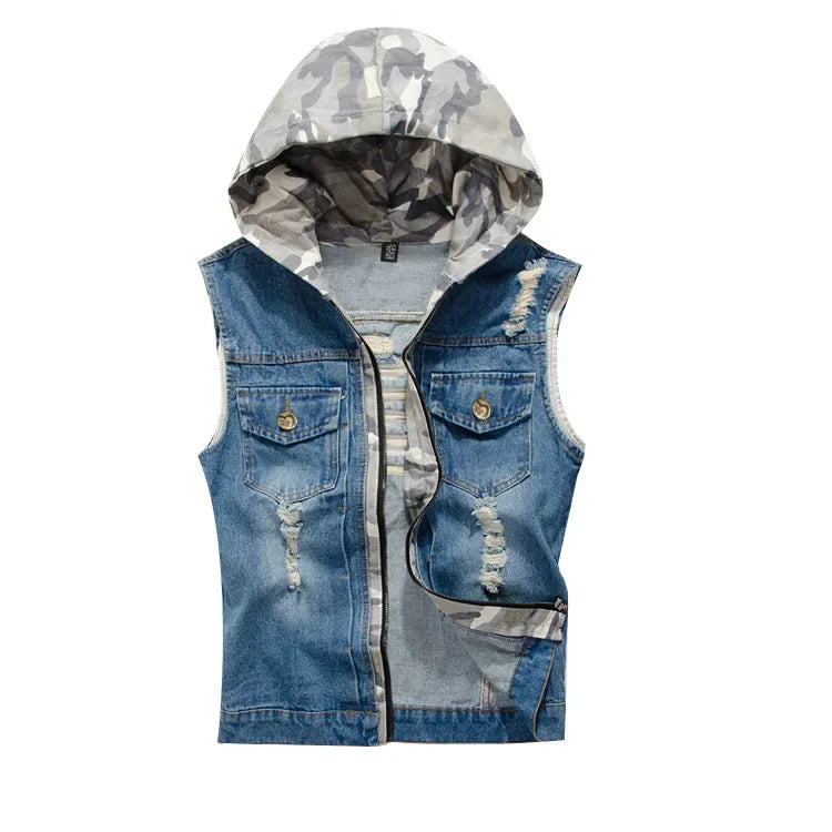 New Men's Korean Style Vest Fashion Slim Camouflage Hooded Waistcoat Casual Sport Denim Vest Sleeveless Jackets for Men 5XL