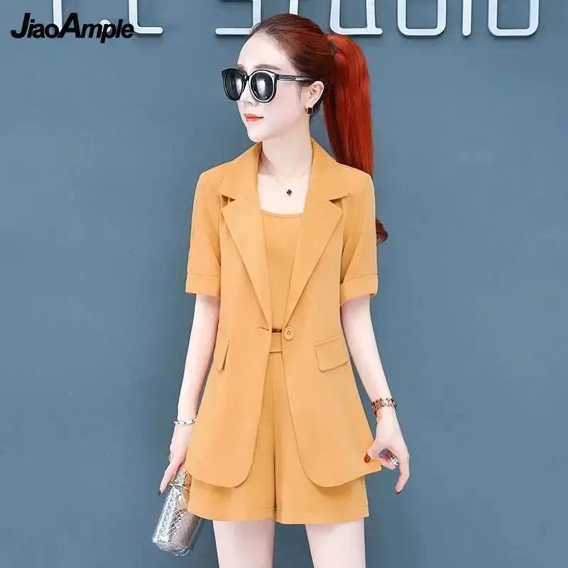 2025 Summer New Suit Vest Shorts Three-piece Women's Elegant Professional Wear Korean Fashion Slim Blazers Suspenders Pants Set