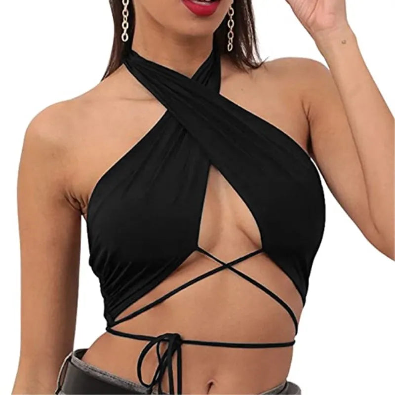 Y2K Women’s Sexy Tops 2023 New Sexy Solid Fitted Halter Backless Crop Tops Summer Party Women Sleeveless Vest