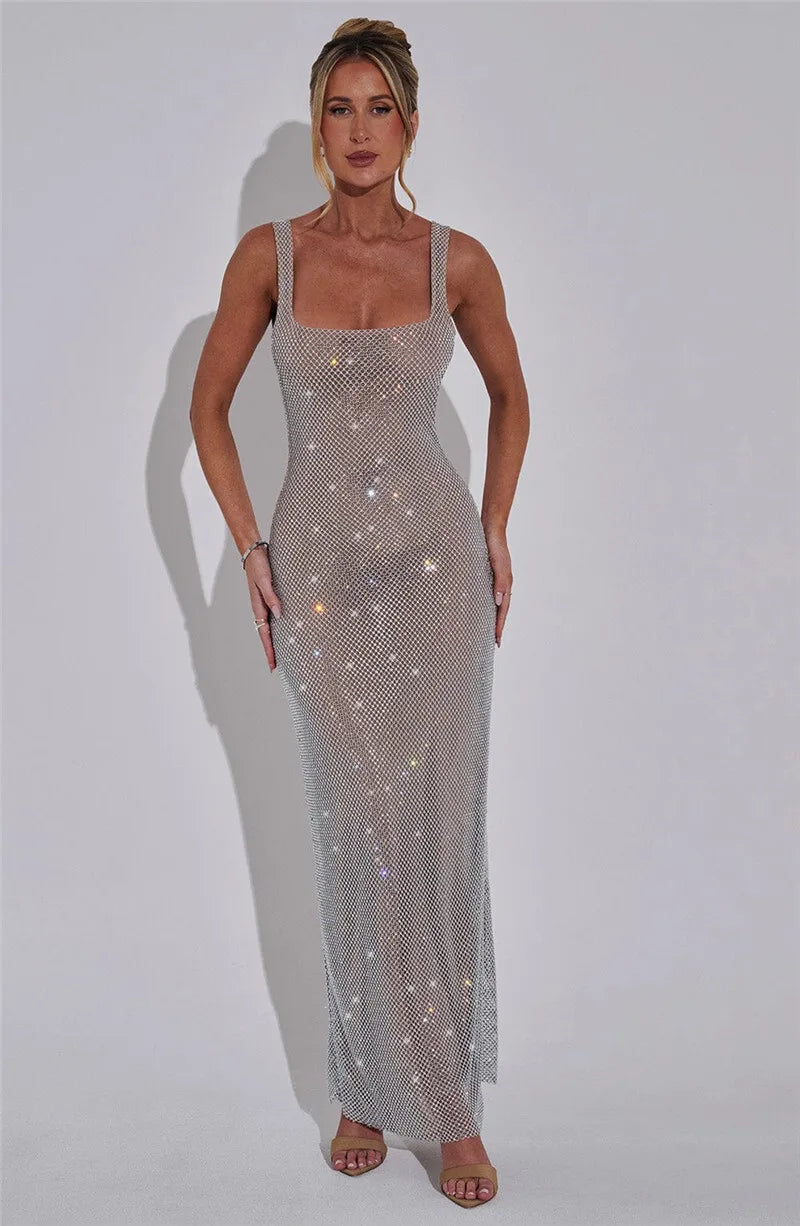 Mozision Sequins Backless Sexy Maxi Dress For Women Gown Fashion Sparkle Square Collar Sleeveless Bodycon Club Long Dress