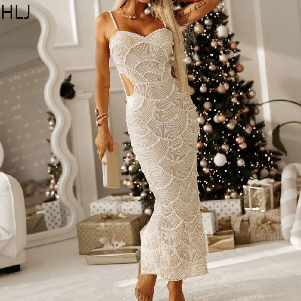 HLJ Sexy Sequin Hollow Bodycon Spaghetti Strap Evening Party Dresses Women Round Neck Sleeveless Slim Vestidos Fashion Clothing