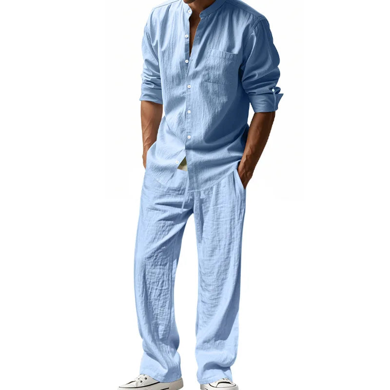 2025 New Spring and Summer Men's Suit Linen Casual Loose Breathable Long Sleeves Shirt Trousers 2Set of Beach Vacation Essential