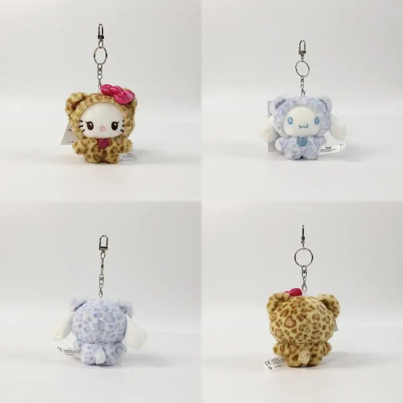Sanrio Leopard Print Bear Hello Kitty Keychain Kuromi Cinnamoroll Bag Pendant My Melody Plush Doll Toys Decoration Gift for Girl