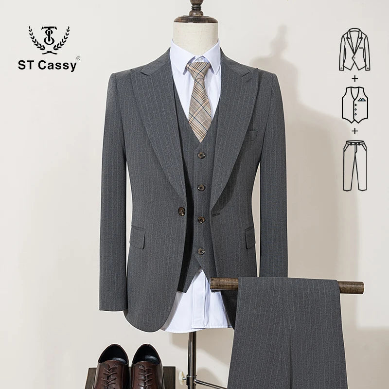 ST Cassy 高品質ブラックストライプスーツ スリムフィット 豪華でエレガントなメンズビジネススーツ 結婚式ファッション服 3点セット
