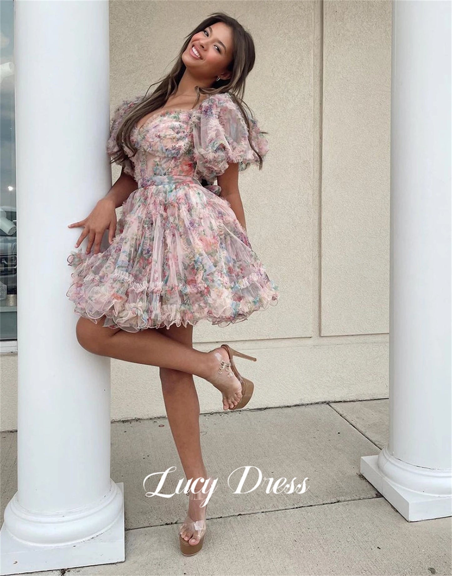 Lucy Customized Floral Fabric Elegant Womens Party Dresses Women 2025 Graduation Gown Robes De Cocktail Women's Dress Mini Skirt