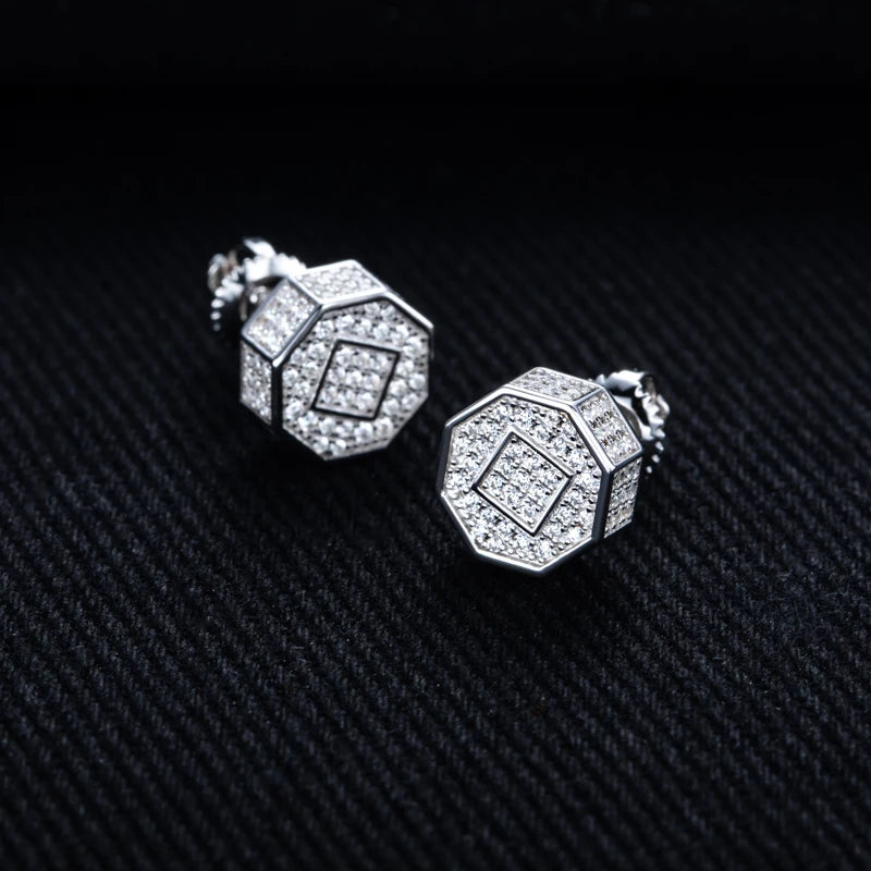 MossanRappr Moissanite Iced Out Stud Earrings for Men Women 925 Sterling Silver Rock Hip Hop Jewelry Gift Punk Party Accessories