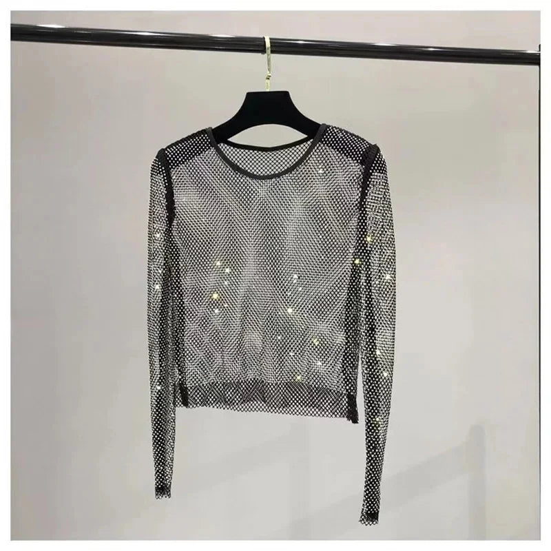 Handmade Women's Glitter Diamante Crop Top Sexy Hollow out Design Black Shining Tube Vest Short Tank Clubwear with Diamonds
