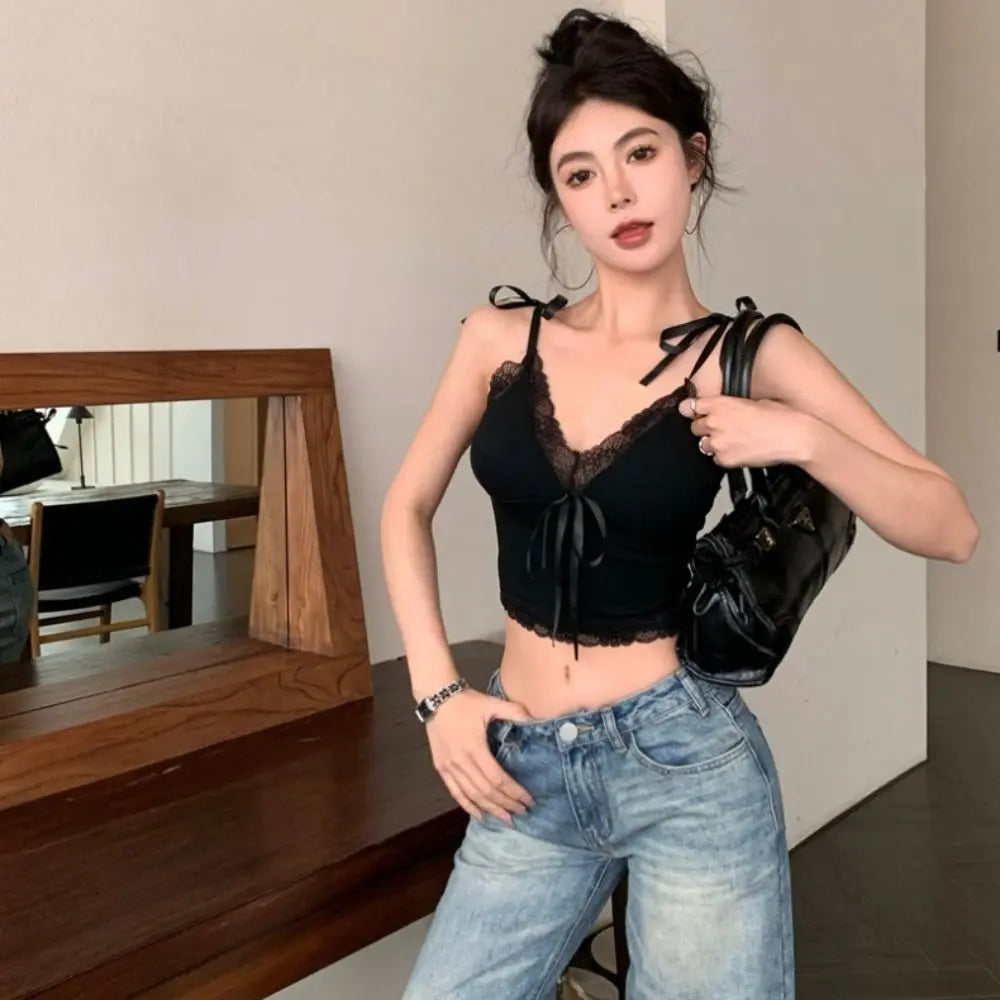 Sensually Innocent Style Ribbon Lace Camisole Slim Fit Ballet Summer Tube Top with Breast Pad INS Hip Hop Short Tank Women Girl