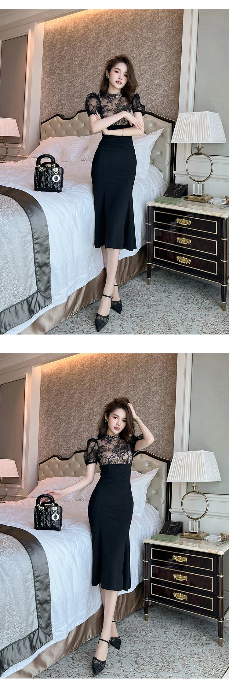 Elegant Style Long Dress Women Retro Chic Sexy Black Sheer Lace Spliced High Waist Fishtail Robe Femme Party Prom Vestidos Mujer