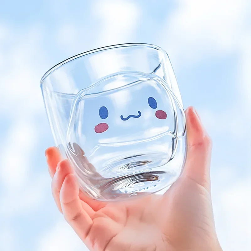 Sanrio Hello Kitty Cute Glass Cup Transparent Coffee Milk Water Cups Cinnamoroll Kuromi My Melody 300ml Student Milk Heat Gift