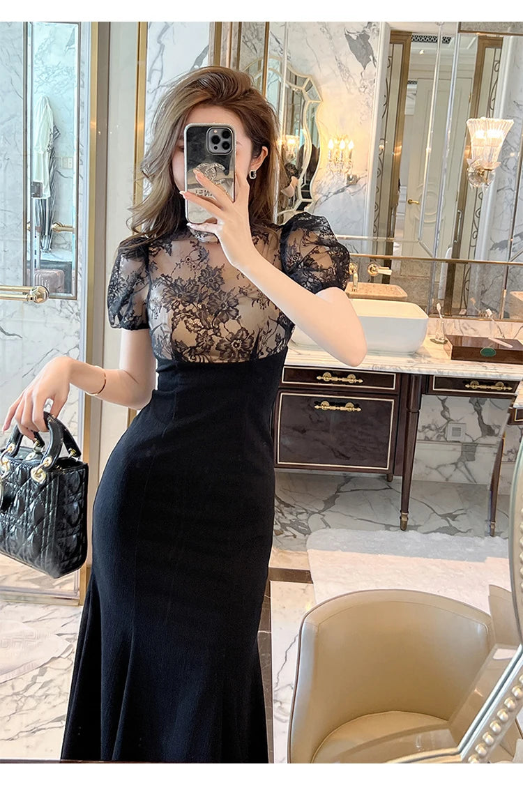 Elegant Style Long Dress Women Retro Chic Sexy Black Sheer Lace Spliced High Waist Fishtail Robe Femme Party Prom Vestidos Mujer