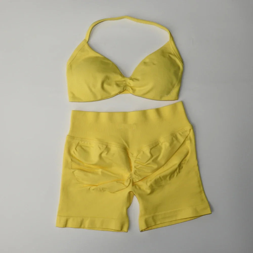 Gym Set Women Two Piece Strappy Yoga Bra Top Workout Scrunch Shorts Suit Fitness Clothes Seamless Sportswear Workout Set