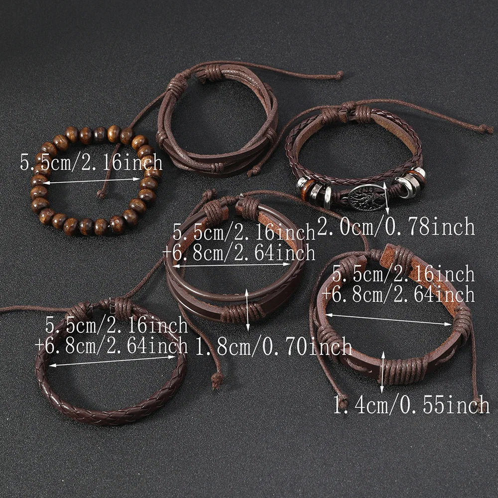 Red 6 Pc/set Tree Black Wrap Woven Handmade Wood Beads Bracelets Male Women Leather Bracelets Men Bangle Wholesale Jewelry Gift
