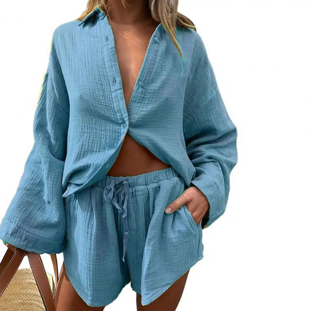 2 Pcs/Set Women Blouse Pants Set Solid Color Turn-down Collar Elastic Waist Deep Crotch Fall Shirt Shorts Suit Female Clothes